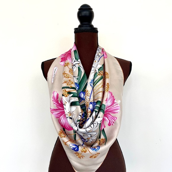 Display #1 Salvatore Ferragamo Silk Scarf Flowers Beige Wrap Scarf - Picture 10 of 15